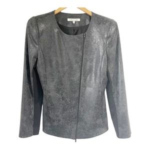 Robbi & Nikki Gray Black Metallic Stretch Jacket Asymmetrical Zip Shoulder Pads